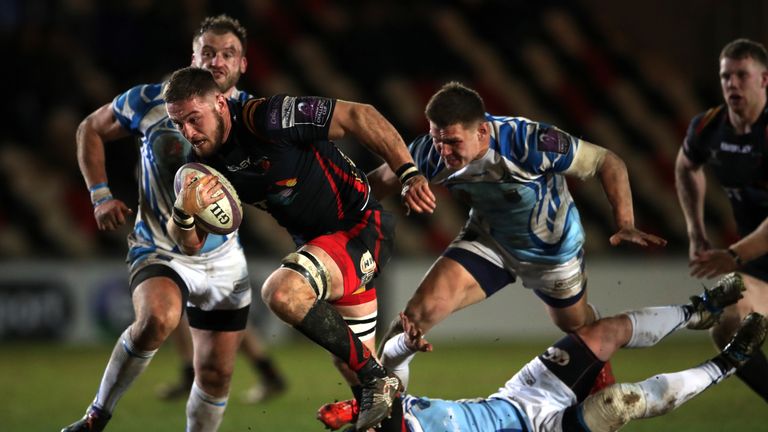 Newport Gwent Dragons' Harri Keddie breaks through to score their bonus-point try against Enisei-STM