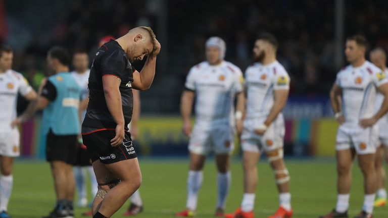 Richard Barrington of Saracens is sent off for a tackle on Geoff Parling