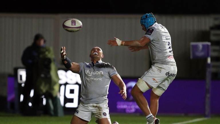 Bath's Robbie Fruean celebrates scoring the third try during the European Challenge Cup, Pool Four match at the Ashton Gate, Bristol.