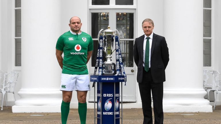 Ireland captain Rory Best and head coach Joe Schmidt pose with The Six Nations trophy