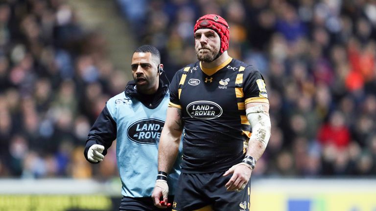 Wasps' James Haskell leaves the field with a head injury during the Aviva Premiership match at the Ricoh Arena