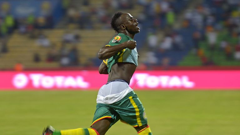 Senegal's forward Sadio Mane celebrates after scoring a goal during the 2017 Africa Cup of Nations group B football match between Tunisia and Senegal in Fr