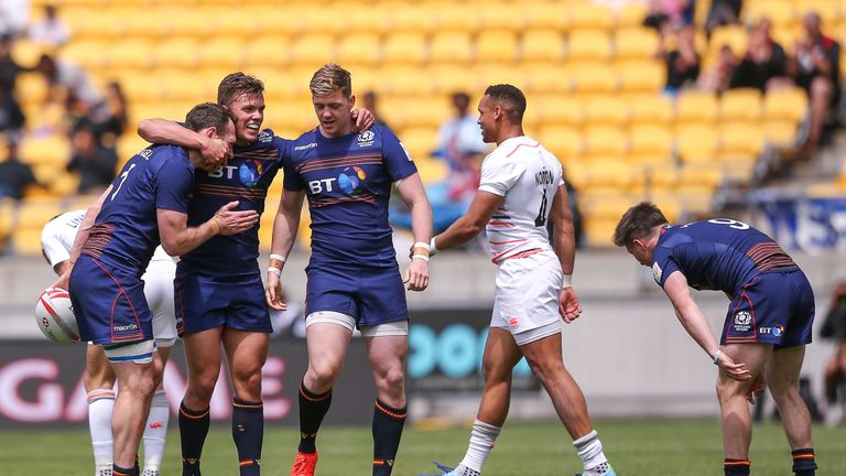 WELLINGTON JANUARY 29 2017:  Scott Riddell, Gavin Lowe and Glenn Bryce of Scotland celebrate the win in the Cup Quarter Final match against England