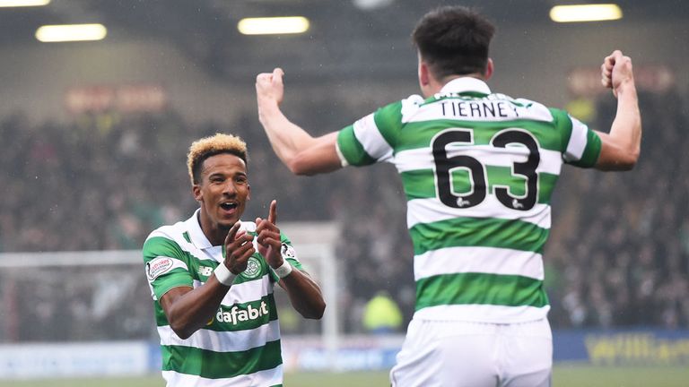 Scott Sinclair and Kieran Tierney celebrate the first goal against Albion Rovers