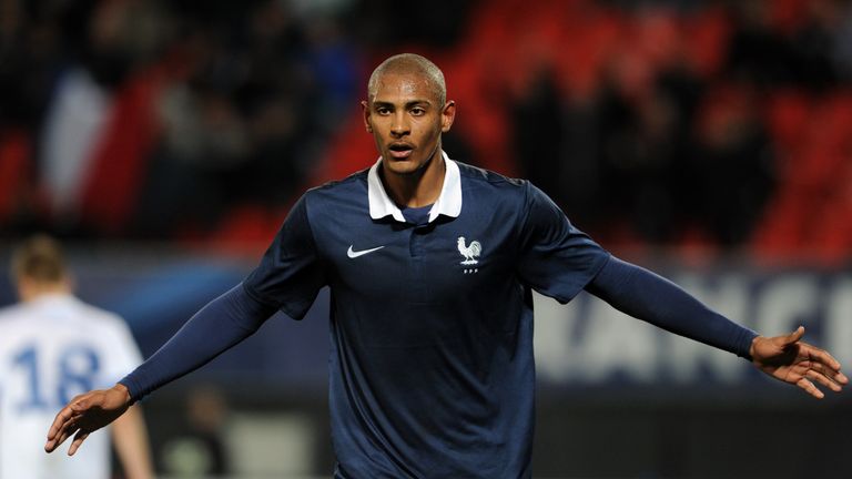 France's Sebastien Haller celebrates after scoring during a friendly Under 21 football match between France and Estonia on March 25, 2015 at the Hainaut st