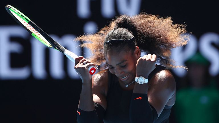Serena Williams celebrates winning her quarter final match against Johanna Konta