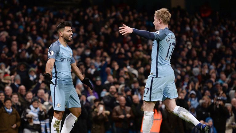 Sergio Aguero celebrates Manchester City's second with Kevin De Bruyne