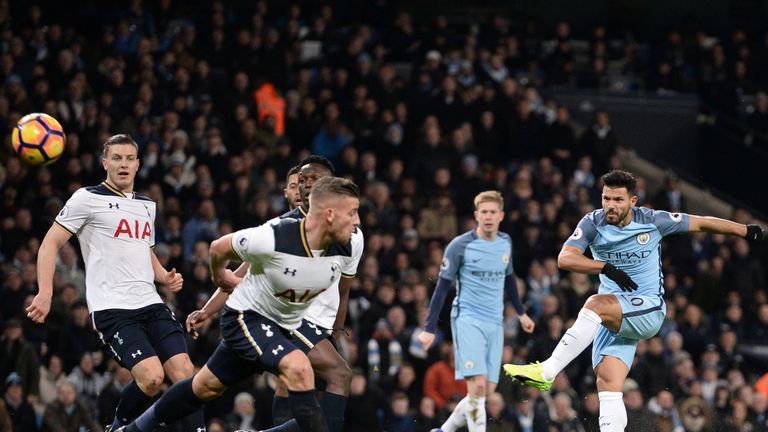 Sergio Aguero unsuccessful shot, Manchester City v Tottenham, Premier League