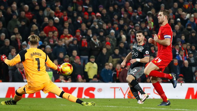 Southampton's Shane Long scores his side's first goal during the EFL Cup Semi Final, second Leg match at Anfield, Liverpool