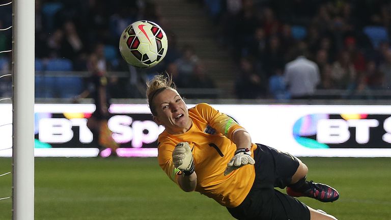MANCHESTER, ENGLAND - APRIL 09: Siobhan Chamberlain of England makes a save during the Women's Friendly International match between England and China at th