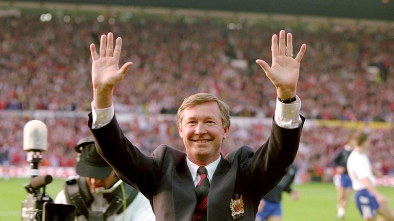 Sir Alex Ferguson celebrates Manchester United winning the title in the newly-formed Premier League 