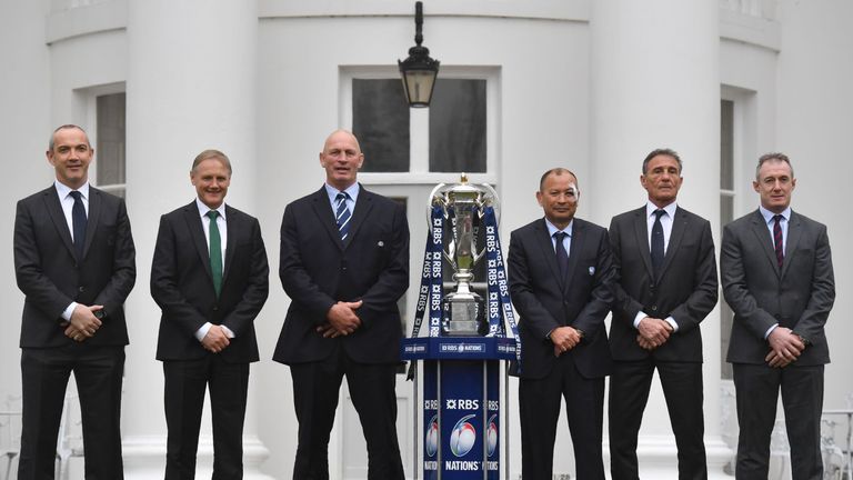 Ireland's New Zealand coach Joe Schmidt, Scotland's New Zealand coach Vern Cotter, England's Australian coach Eddie Jones at the Six Nations launch