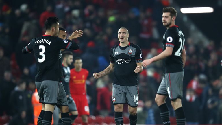 LIVERPOOL, ENGLAND - JANUARY 25:  Southampton players celebrate after Shane Long of Southampton (not pictured) scores his sides first goal during the EFL C
