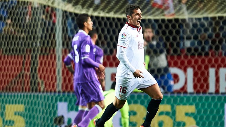 Stevan Jovetic of Sevilla FC celebrates after scoring the winner against Real Madrid to end their 40-game unbeaten run