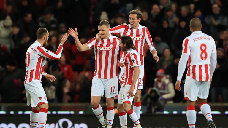 Stoke City's Ryan Shawcross (second left) celebrates scoring his sides opening goal 