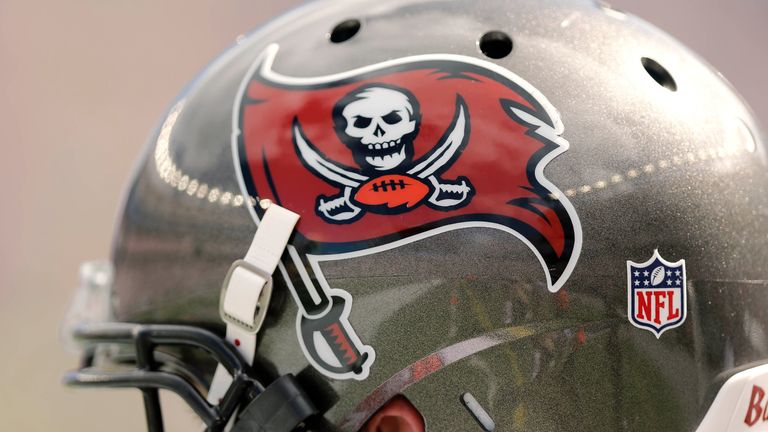 FOXBORO, MA - SEPTEMBER 22:  A Tampa Bay Buccaneers helmet and logo are seen during the second half of their 23-3 loss to the New England Patriots  at Gill