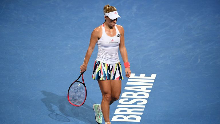 Angelique Kerber reacts while playing against Elina Svitolina in their women's singles quarter-final match at the Brisbane International
