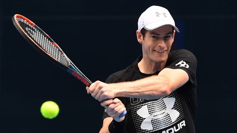 Andy Murray of Britain hits a backhand return during a tennis training session in Melbourne