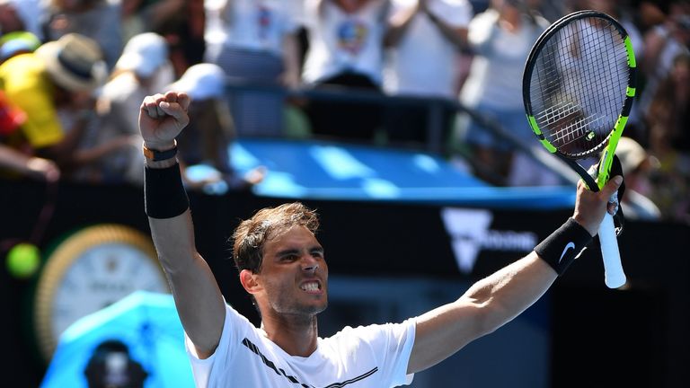 Rafael Nadal of Spain celebrates winning his first round match against Florian Mayer of Germany