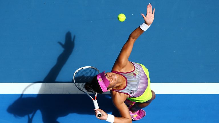 Heather Watson serves to Andrea Petkovic in the women's singles match during day six of the 2017 Hopman Cup