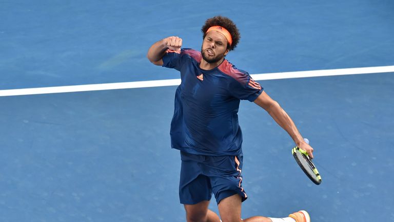 Jo-Wilfried Tsonga celebrates his victory against Jack Sock during their men's singles third round match on day five of the Australian Open