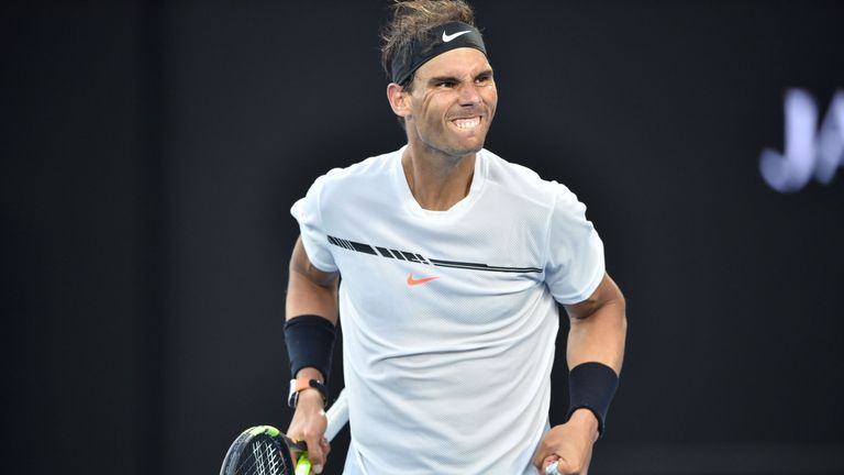 Rafael Nadal celebrates after victory against Alexander Zverev during their men's singles third round match at the Australian Open