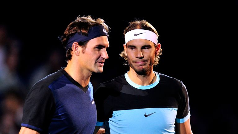 Roger Federer of Switzerland and Rafael Nadal  of Spain pose prior the final match of the Swiss Indoors ATP 500