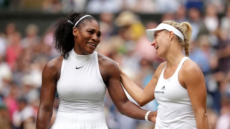 Serena Williams hugs Angelique Kerber following The Ladies Singles Final at Wimbledon
