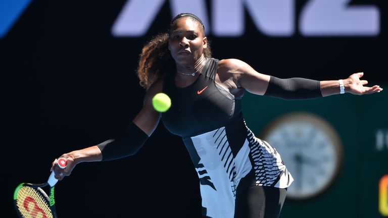 Serena Williams of the US hits a return against Nicole Gibbs of the US during their women's singles third round match on day six of the Australian Open