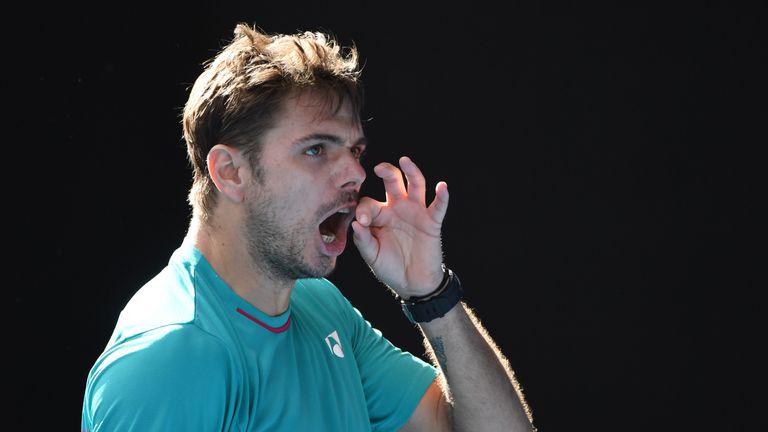 Stan Wawrinka reacts after a point against Serbia's Viktor Troicki