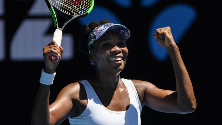 Venus Williams celebrates her victory against Mona Barthel during their women's singles fourth round match on day seven of the Australian Open