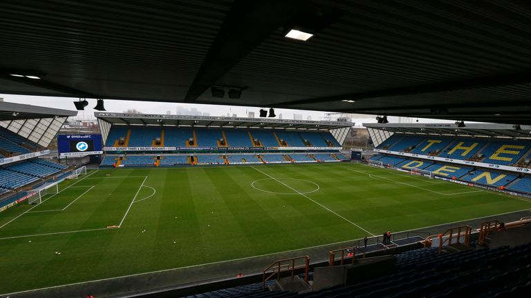 The pitch is viewed from the stands in The Den ahead of the English FA Cup third round football match between Millwall and Bournemouth at The Den in south 
