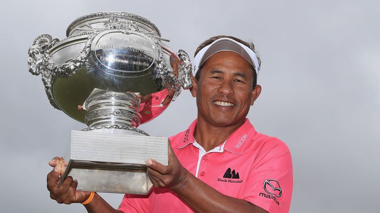 PARIS, FRANCE - JULY 03:  Thongchai Jaidee of Thailand celebrates his win during day four of the 100th Open de France at Le Golf National on July 3, 2016 i