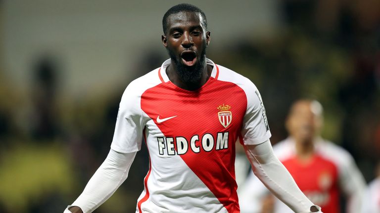 Monaco's French midfielder Tiemoue Bakayoko celebrates after scoring a goal during the French L1 football match between Monaco (ASM) and Caen (SMC) on Dece
