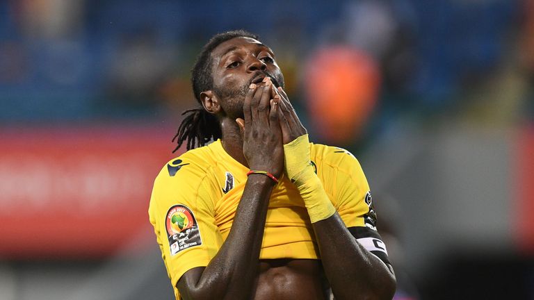 Togo's forward Emmanuel Adebayor reacts after missing a goal opportunity during the 2017 Africa Cup of Nations group C football match between Togo and DR C