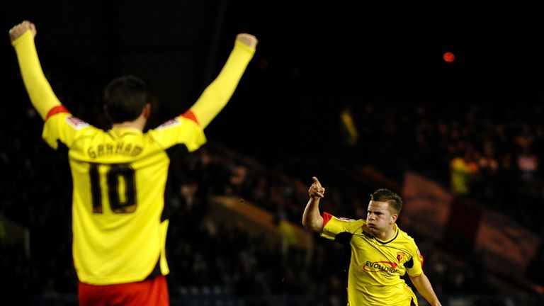 SHEFFIELD, ENGLAND - MARCH 24:  Tom Cleverley of Watford celebrates scoring the equalising goal during the Coca-Cola Championship match between Sheffield W