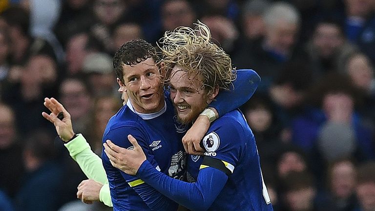 Tom Davies celebrates with Ross Barkley after scoring Everton's third goal