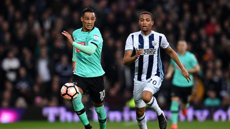 Tom Ince runs away from Brendan Galloway in Derby's FA Cup match at West Brom