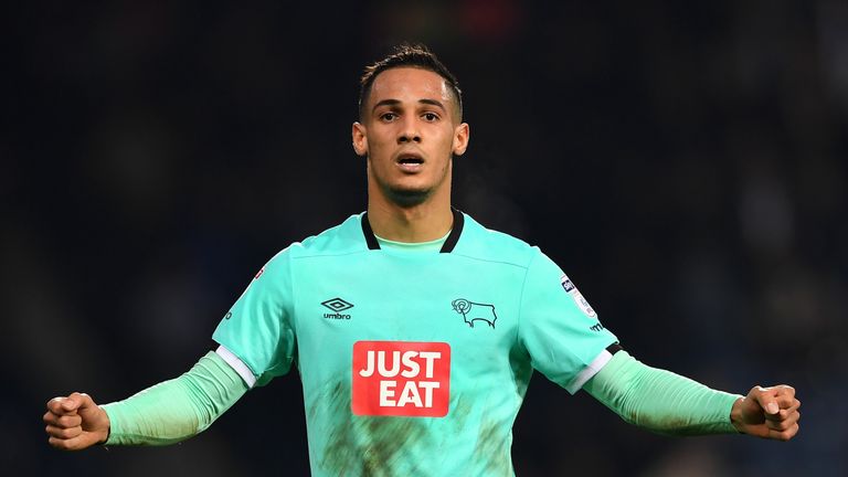WEST BROMWICH, ENGLAND - JANUARY 07:  Thomas Ince of Derby County celebrates after the full time whistle during the Emirates FA Cup Third Round match betwe