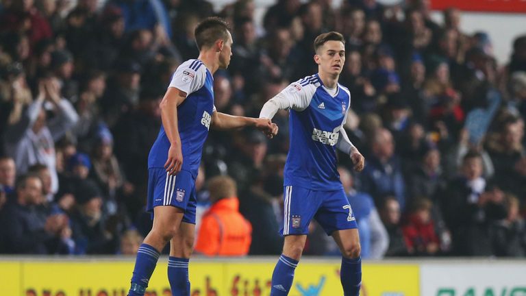 IPSWICH, ENGLAND - JANUARY 07: Tom Lawrence of Ipswich Town (R) celebrates after scoring his sides second goal during the Emirates FA Cup third round match