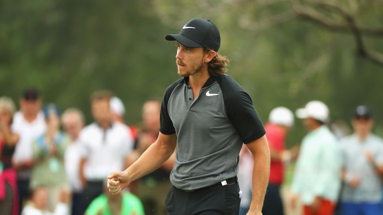 ABU DHABI, UNITED ARAB EMIRATES - JANUARY 22: Tommy Fleetwood of England celebrates his birdie on the 16th green during the final round of the Abu Dhabi HS