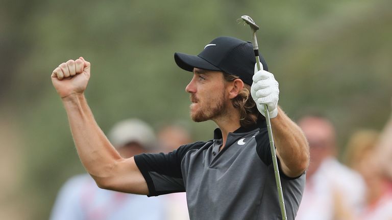 ABU DHABI, UNITED ARAB EMIRATES - JANUARY 22:  Tommy Fleetwood of England holes his eagle on 10th hole during the final round of the Abu Dhabi HSBC Champio