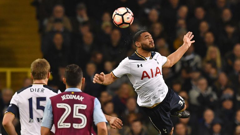 Tottenham Hotspur's English-born US defender Cameron Carter-Vickers (R) jumps to win a header during the English FA Cup third round football match between 