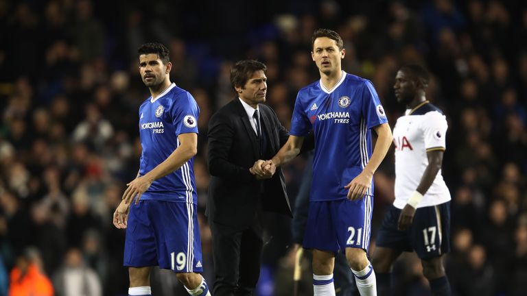 Antonio Conte, manager of Chelsea (centre) with Nemanja Matic (right) and Diego Costa (left)