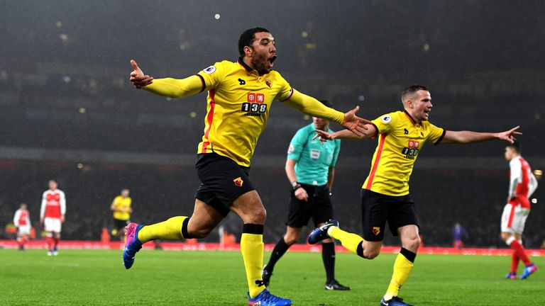 LONDON, ENGLAND - JANUARY 31:  Troy Deeney of Watford celebrates scoring his team's second goal during the Premier League match between Arsenal and Watford