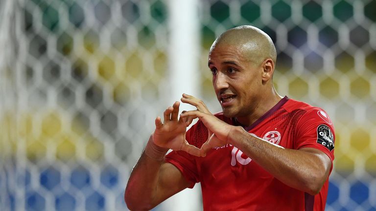 Tunisia midfielder Wahbi Khazri celebrates after scoring his team's fourth goal 