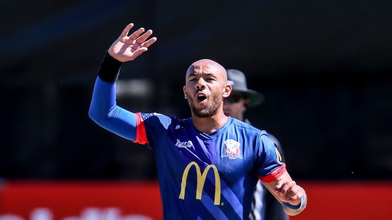 Tymal Mills of Auckland Aces reacts during the McDonalds Super Smash T20 match against Otago Volts