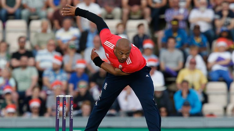England's Tymal Mills bowling during play in the T20 international cricket match between England and Sri Lanka at The Ageas Bowl in Southampton, on the sou