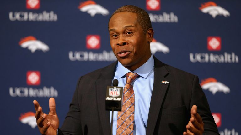 ENGLEWOOD, CO - JANUARY 12: Vance Josepf addresses the media after being introduced as the Denver Broncos new head coach during  a press conference at the 