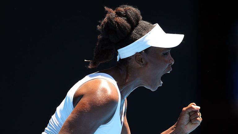 Venus Williams celebrates a point in her first round match against Kateryna Kozlova of the Ukraine